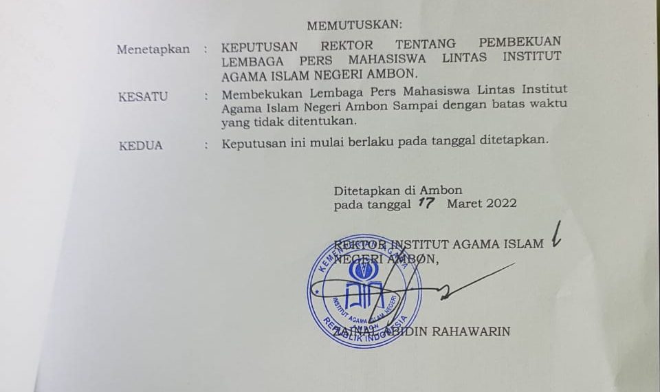 Surat Keputusan (SK) Rektor IAIN Ambon N0. 92 Tahun 2022 Tentang Pembekuan Lembaga Pers Mahasiswa IAIN Ambon.