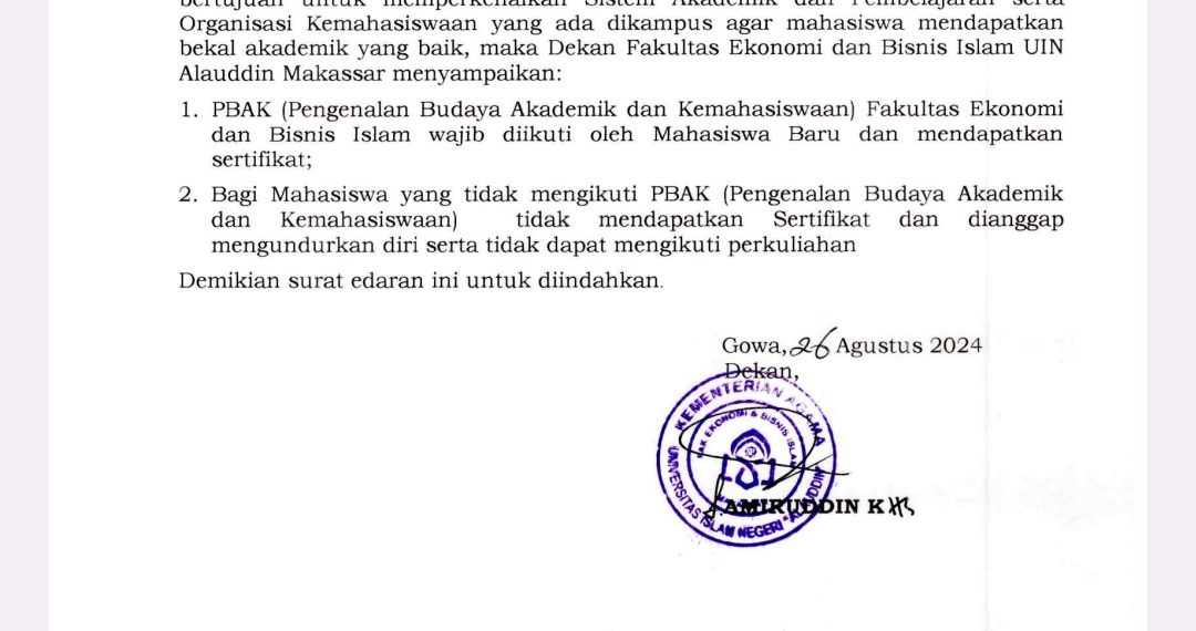 SE Nomor B-3196 2024 tentang keharusan mengikuti PBAK bagi Mahasiswa baru FEBI. | Foto: Istimewa