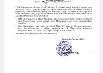 SE Nomor B-3196 2024 tentang keharusan mengikuti PBAK bagi Mahasiswa baru FEBI. | Foto: Istimewa